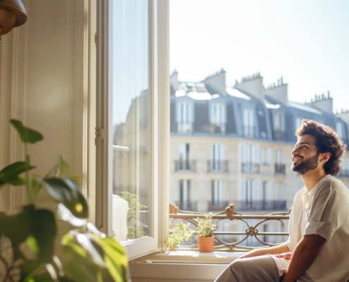 Homme heureux, devant une fenêtre devant des immeubles à Paris