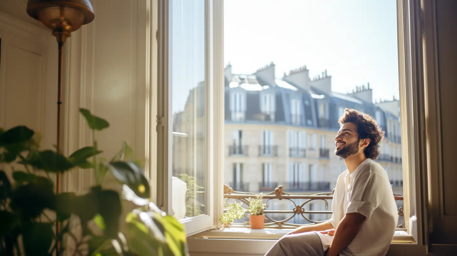 Homme heureux, devant une fenêtre devant des immeubles à Paris